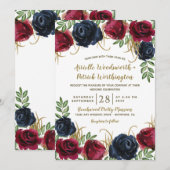 Rustieke Bourgogne en Navy Blue bruiloft uitnodigi Kaart (Voorkant / Achterkant)