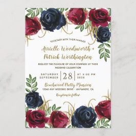 Rustieke Bourgogne en Navy Blue bruiloft uitnodigi Kaart