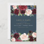 Rustieke Bourgogne en Navy Floral Save the Date Kaart (Voorkant)