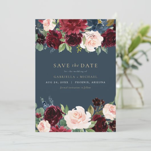 Rustieke Bourgogne en Navy Floral Save the Date Kaart (Staand voorkant)