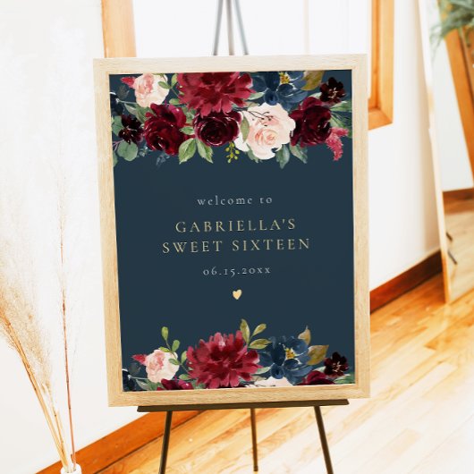 Rustieke Bourgogne en Navy Floral Sweet 16 Welkom Poster