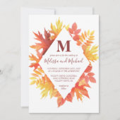 Rustieke Bourgogne en Sinaasappel Fall Leaves Wedd Kaart (Voorkant)