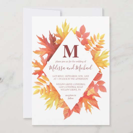 Rustieke Bourgogne en Sinaasappel Fall Leaves Wedd Kaart (Voorkant)