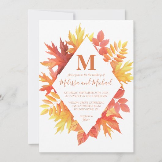 Rustieke Bourgogne en Sinaasappel Fall Leaves Wedd Kaart (Voorkant)