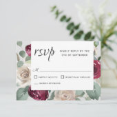 Rustieke Bourgogne en Witte Rozen Waterverf Bloeme RSVP Kaartje (Staand voorkant)