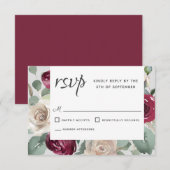 Rustieke Bourgogne en Witte Rozen Waterverf Bloeme RSVP Kaartje (Voorkant / Achterkant)