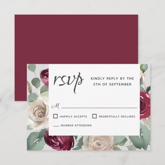 Rustieke Bourgogne en Witte Rozen Waterverf Bloeme RSVP Kaartje (Voorkant / Achterkant)
