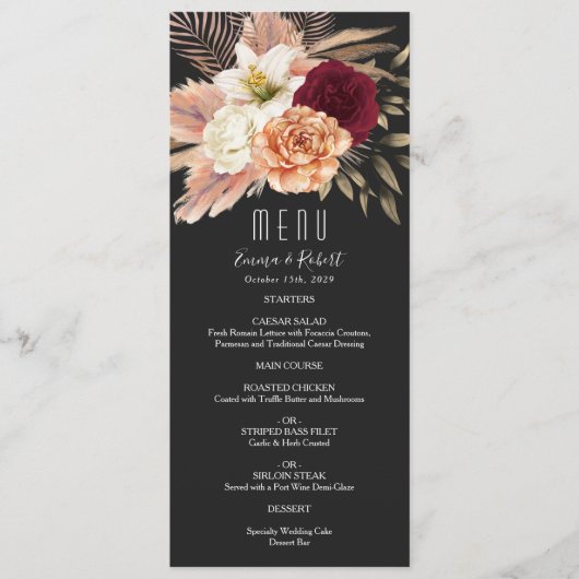 Rustieke Bourgogne en zwarte bloemen bruiloft Menu (Voorkant)