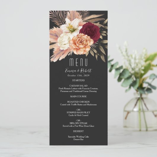 Rustieke Bourgogne en zwarte bloemen bruiloft Menu (Staand voorkant)