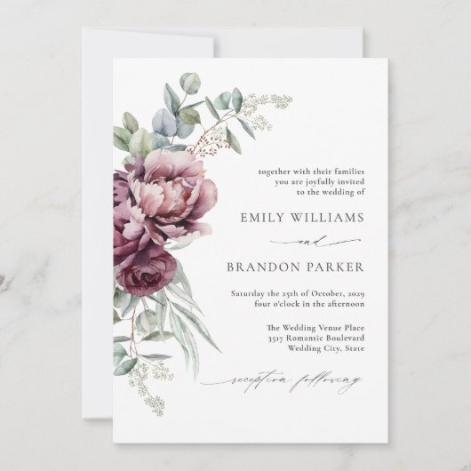 Rustieke Bourgogne Floral Fall Wedding Kaart (Voorkant)