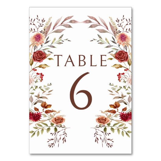 Rustieke Bourgogne Herfst Bloemen Tafel Nummers Kaart (Voorkant)