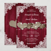 Rustieke Bourgogne Hout Burlap Kant Bruiloft Kaart (Voorkant / Achterkant)