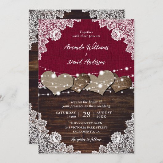 Rustieke Bourgogne Hout Burlap Kant Bruiloft Kaart (Voorkant / Achterkant)