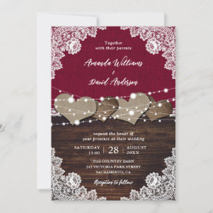 Rustieke Bourgogne Hout Burlap Kant Bruiloft Kaart