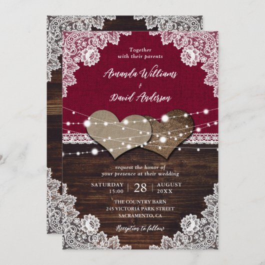 Rustieke Bourgogne Hout Burlap Kant Bruiloft Kaart (Voorkant / Achterkant)