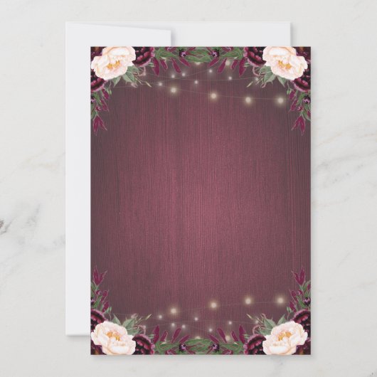 Rustieke Bourgogne Hout & String Lights Bruiloft Kaart (Achterkant)