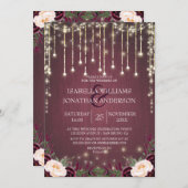 Rustieke Bourgogne Hout & String Lights Bruiloft Kaart (Voorkant / Achterkant)