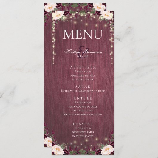 Rustieke Bourgogne Hout & String Lights Bruiloft M Menu (Voorkant / Achterkant)