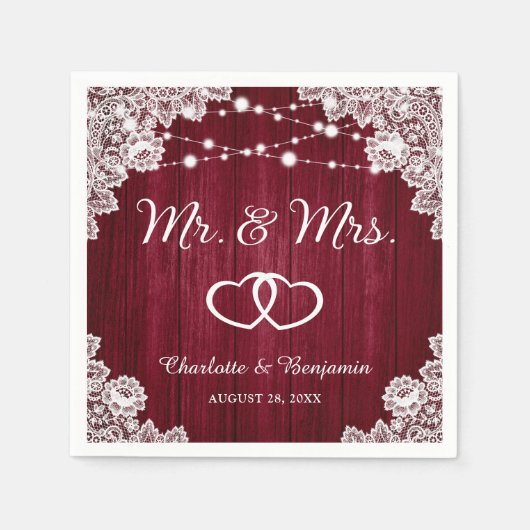 Rustieke Bourgogne Houten Kant String Lights Bruil Servet (Voorkant)