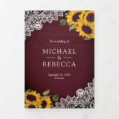 Rustieke Bourgogne Houten Kant Zonnebloem Bruiloft Drieluik Uitnodiging (Cover)