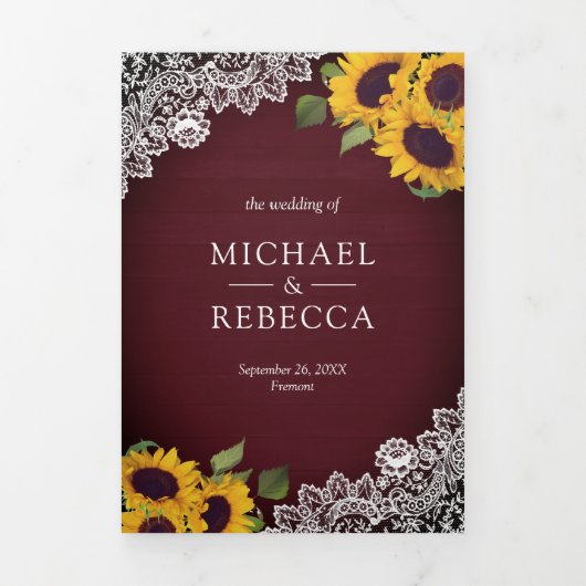Rustieke Bourgogne Houten Kant Zonnebloem Bruiloft Drieluik Uitnodiging (Cover)