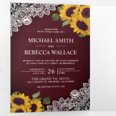 Rustieke Bourgogne Houten Kant Zonnebloem Bruiloft Drieluik Uitnodiging (Binnenzijde eerst)