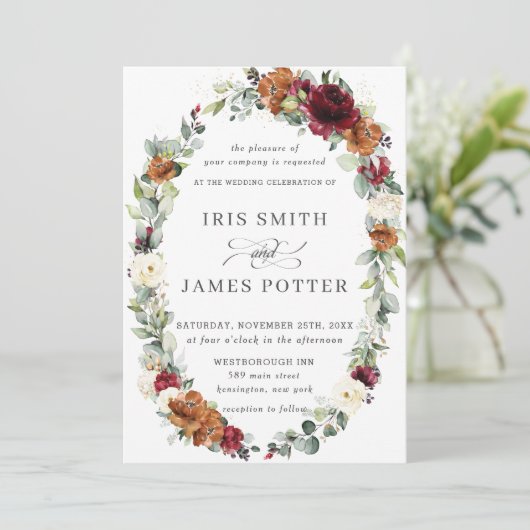 Rustieke Bourgogne Ivoor Sinaasappel Bloemen krans Kaart (Staand voorkant)