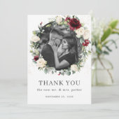 Rustieke Bourgogne Ivoor Wit Bloemen Krans Foto Bedankkaart (Staand voorkant)