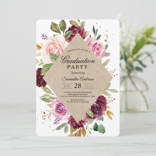 Rustieke Bourgogne Kraft Bloemen Afstudeerfeest Kaart (Staand voorkant)