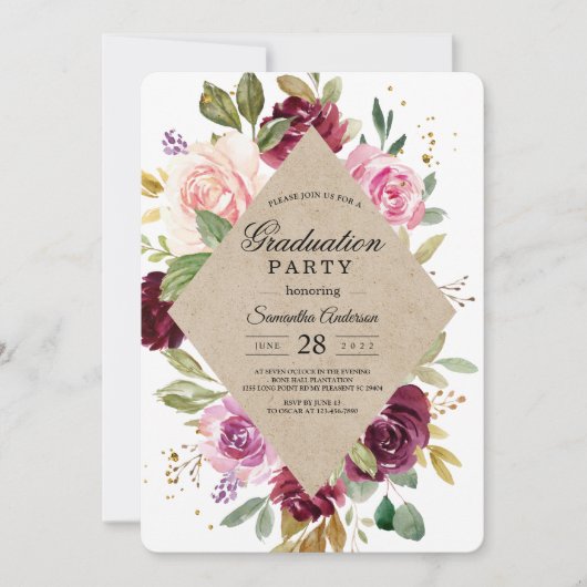 Rustieke Bourgogne Kraft Bloemen Afstudeerfeest Kaart (Voorkant)