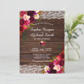 Rustieke Bourgogne Lace Floral | Barn Country Wedd Kaart (Staand voorkant)