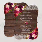 Rustieke Bourgogne Lace Floral | Barn Country Wedd Kaart (Voorkant / Achterkant)