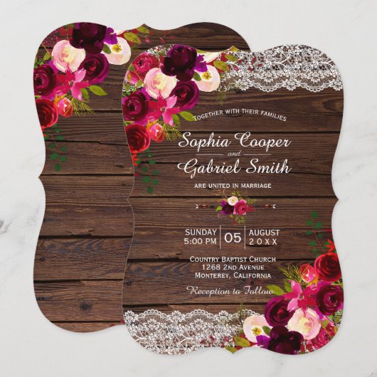 Rustieke Bourgogne Lace Floral | Barn Country Wedd Kaart (Voorkant / Achterkant)