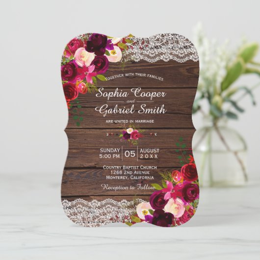 Rustieke Bourgogne Lace Floral | Barn Country Wedd Kaart (Staand voorkant)