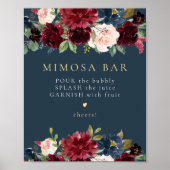 Rustieke Bourgogne & Marine Blauw Bloemen Mimosa B Poster (Voorkant)