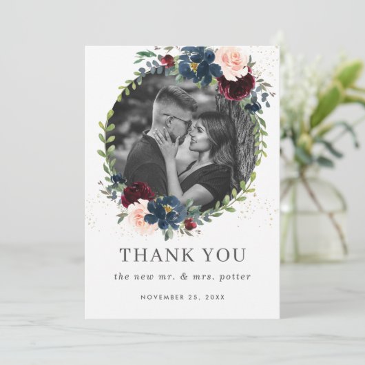 Rustieke Bourgogne Marine Blush Bloemen Bruiloft F Bedankkaart (Staand voorkant)