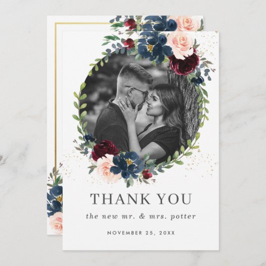 Rustieke Bourgogne Marine Blush Bloemen Bruiloft F Bedankkaart (Voorkant / Achterkant)