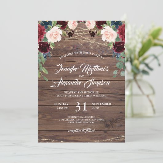 Rustieke Bourgogne Marsala Bloemen bruiloft uitnod Kaart (Staand voorkant)