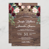 Rustieke Bourgogne Marsala Bloemen bruiloft uitnod Kaart (Voorkant / Achterkant)