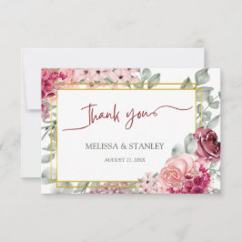 Rustieke Bourgogne Marsala en roze bloemenbruiloft Bedankkaart