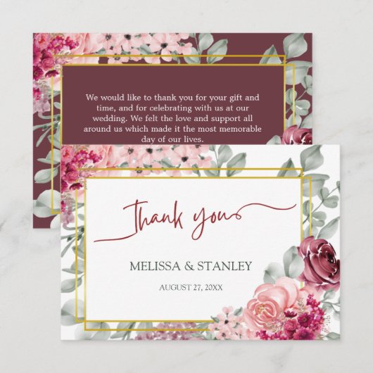 Rustieke Bourgogne Marsala en roze bloemenbruiloft Bedankkaart (Voorkant / Achterkant)