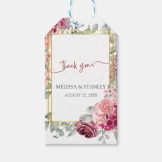 Rustieke Bourgogne Marsala en roze bloemenbruiloft Cadeaulabel
