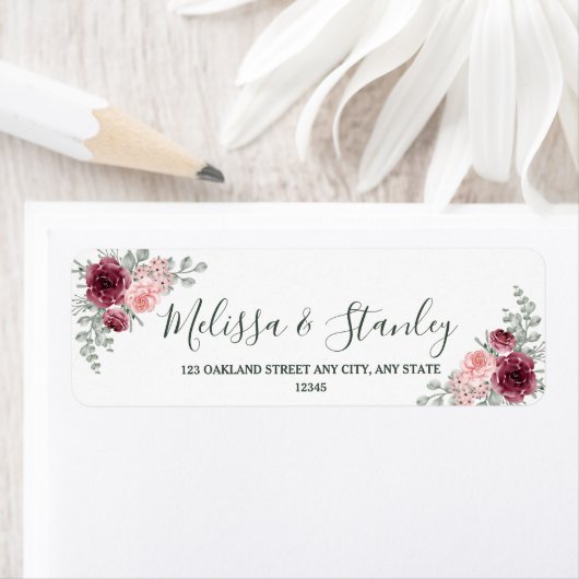 Rustieke Bourgogne Marsala en roze bloemenbruiloft Etiket (Insitu)