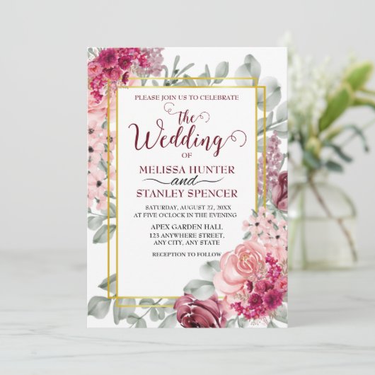 Rustieke Bourgogne Marsala en roze bloemenbruiloft Kaart (Staand voorkant)