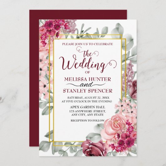 Rustieke Bourgogne Marsala en roze bloemenbruiloft Kaart (Voorkant / Achterkant)