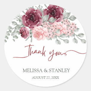 Rustieke Bourgogne Marsala en roze bloemenbruiloft Ronde Sticker
