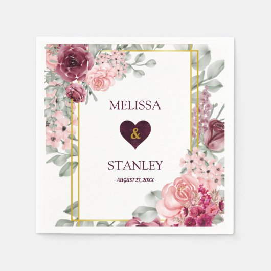 Rustieke Bourgogne Marsala en roze bloemenbruiloft Servet (Voorkant)