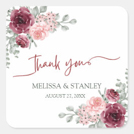 Rustieke Bourgogne Marsala en roze bloemenbruiloft Vierkante Sticker