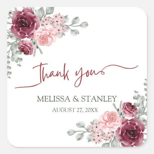 Rustieke Bourgogne Marsala en roze bloemenbruiloft Vierkante Sticker (Voorkant)