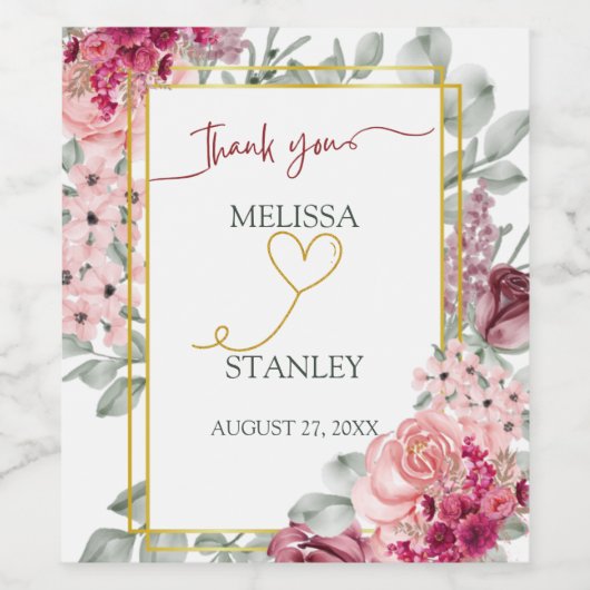 Rustieke Bourgogne Marsala en roze bloemenbruiloft Wijn Etiket (Enkel label)